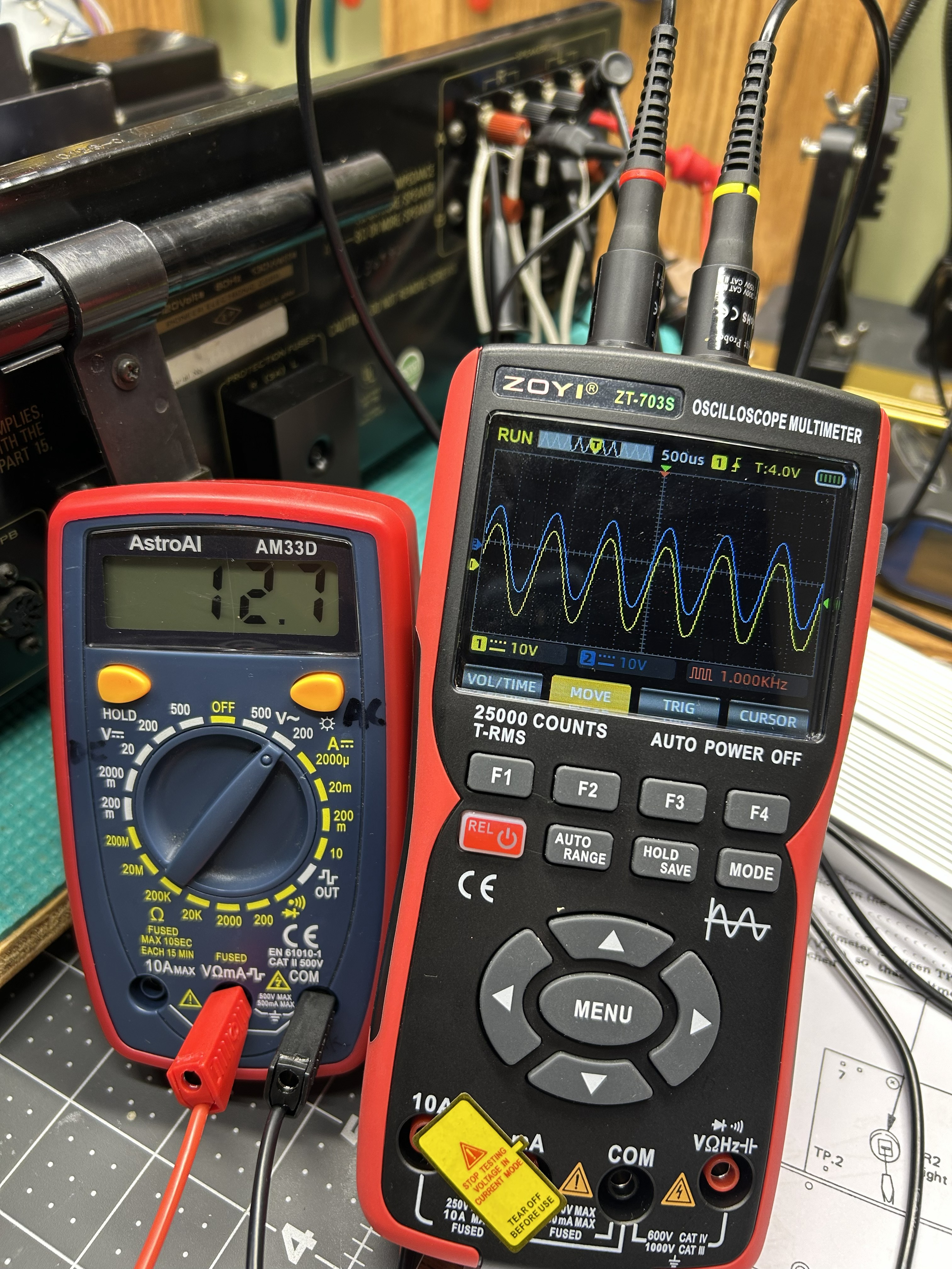 Oscilloscope and meter testing during the Pioneer SX-535 restoration